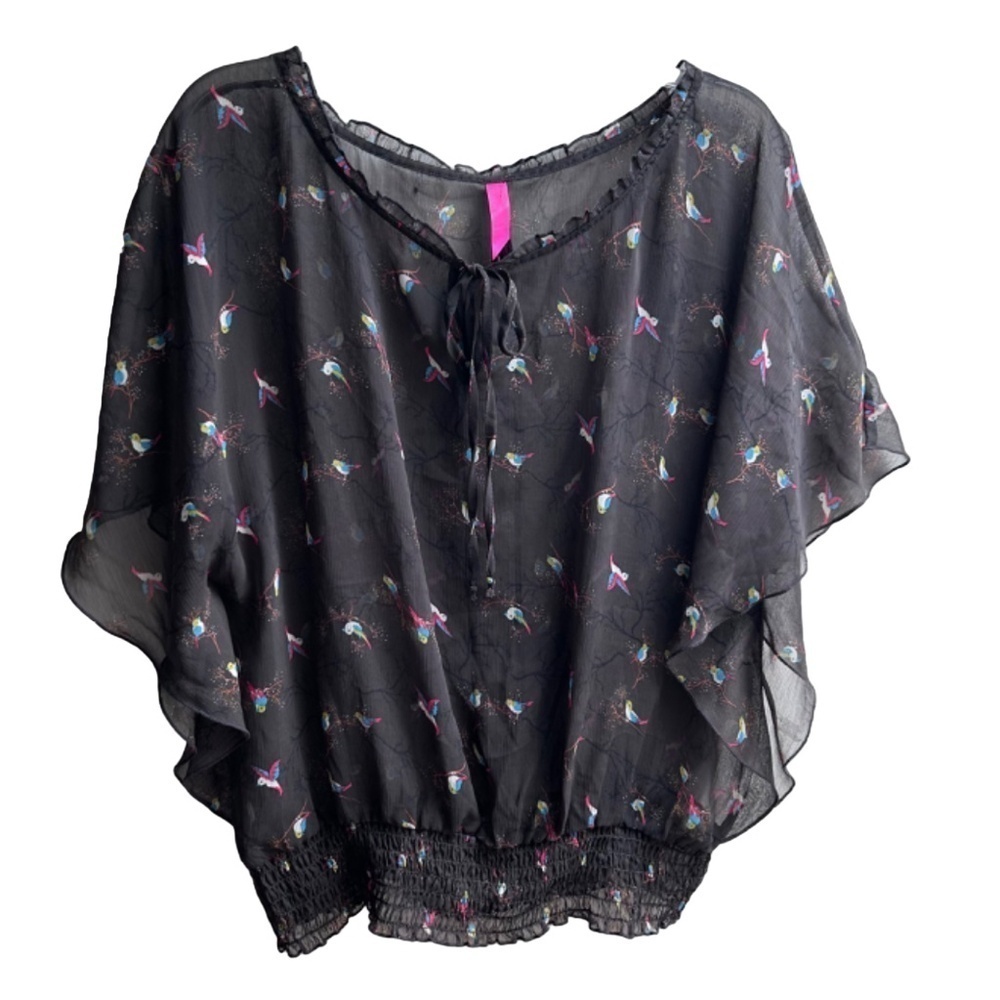 Pure Energy Sheer Lightweight Bat Wing Sleeves & Birds  Blouse